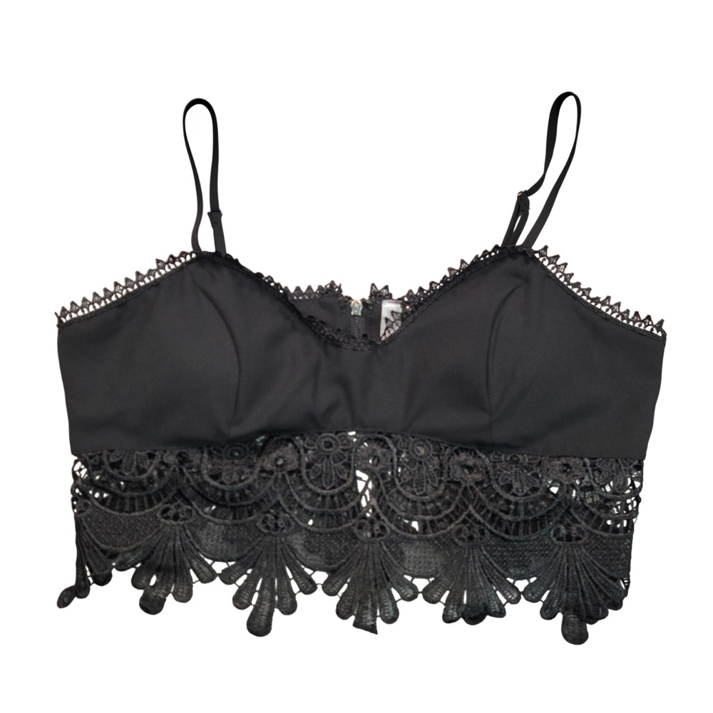 Lovesong Black Whimsigoth Y2K Lace Trim Crop‎ Cami Bralette Top Womens Medium